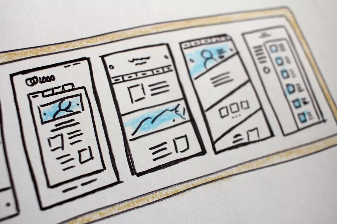 Håndtegnede wireframes til en række hjemmesider